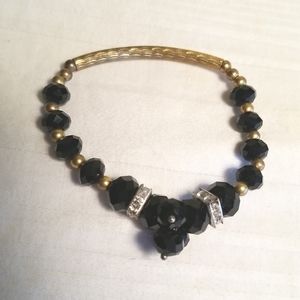 Gold Bar Black Bead Bracelet